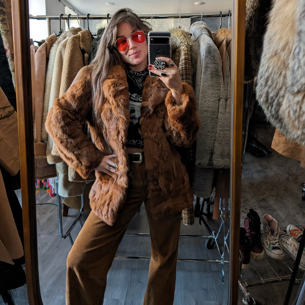 Vintage Mob Wife Rabbit Fur Coat Rusty Red Brown Penny Lane Shaggy Furry Jacket - Picture 9 of 11